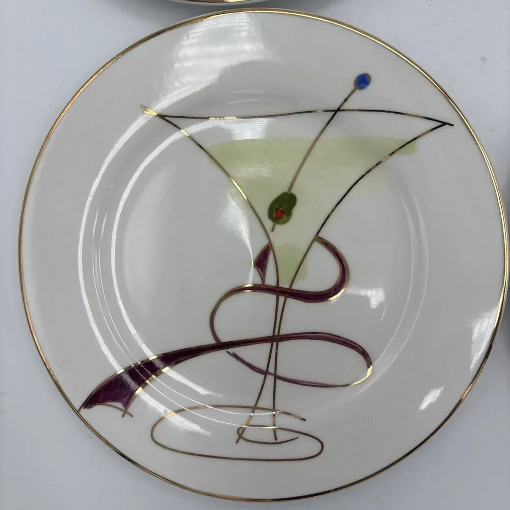 Pier 1 Imports Martini Glass Appetizer Salad Plates Set of 4 Gold Rim 7.5